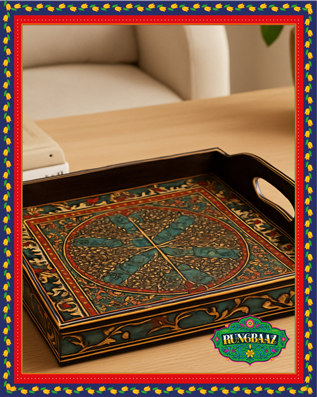 Swati Hand-Painted Square Tray - Brown