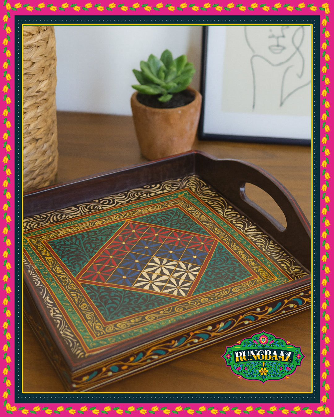 Swati Hand-Painted Square Tray - Brown