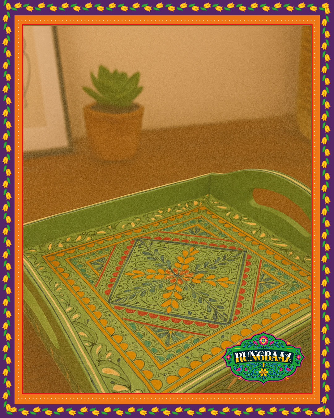 Swati Hand-Painted Square Tray - Green