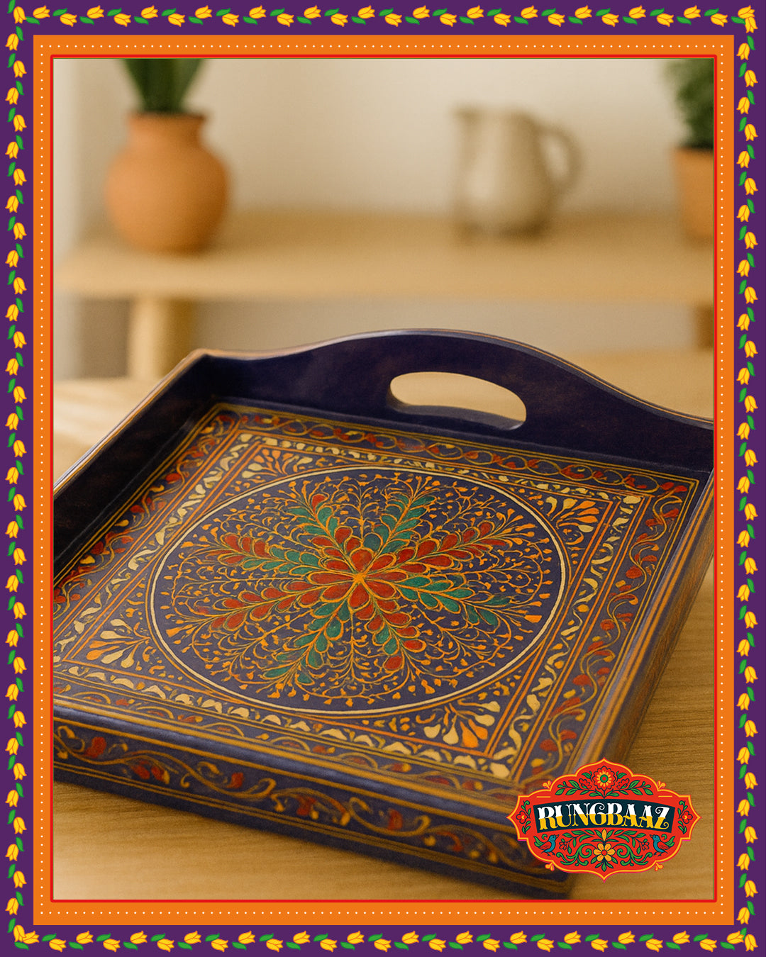 Swati Hand-Painted Square Tray - Navy Blue