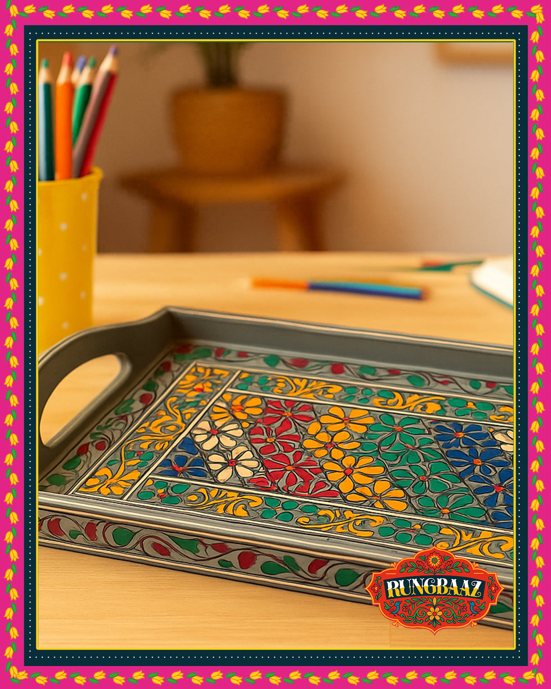 Swati Hand-Painted Rectangle Tray - Grey