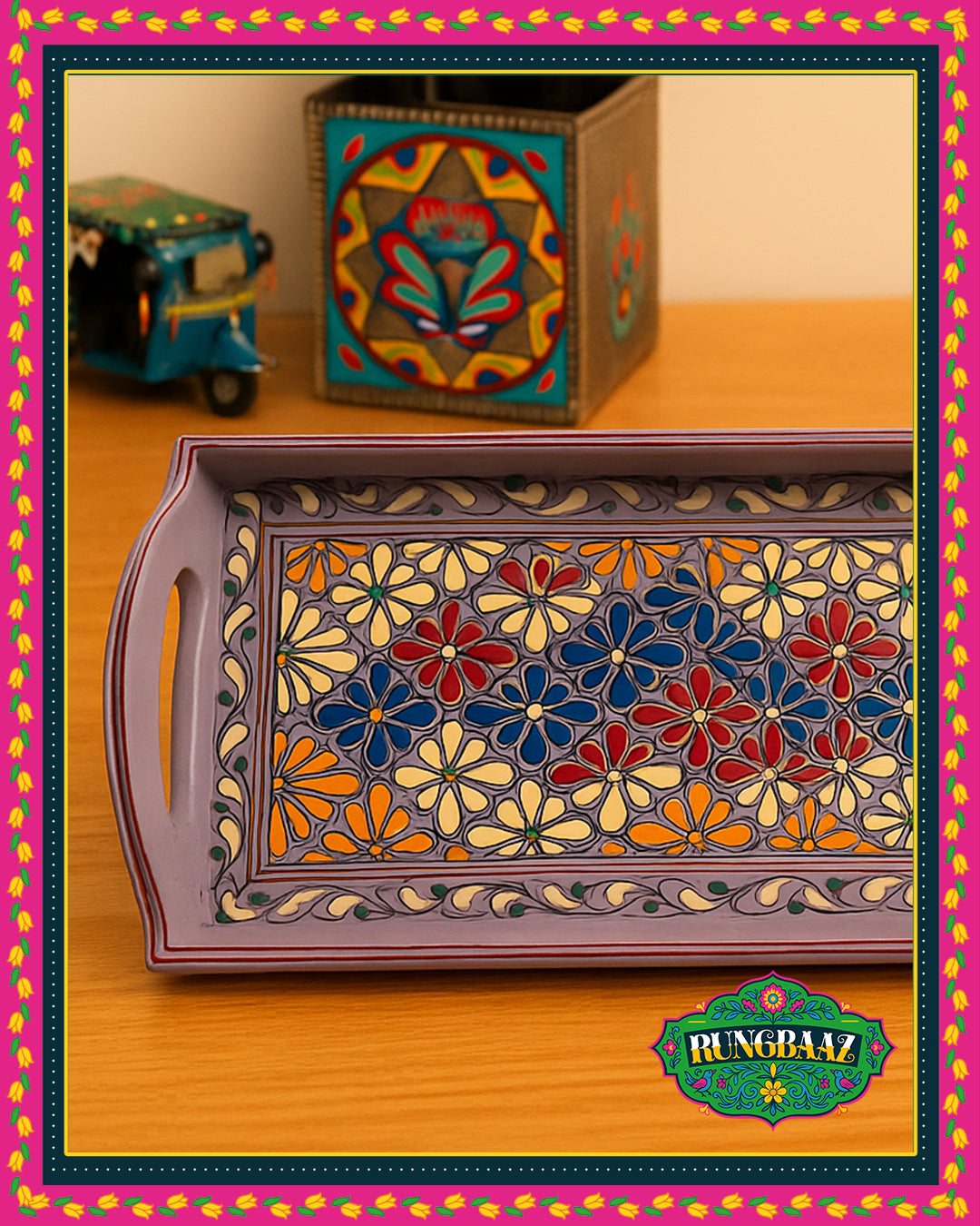 Swati Hand-Painted Rectangle Tray -Purple