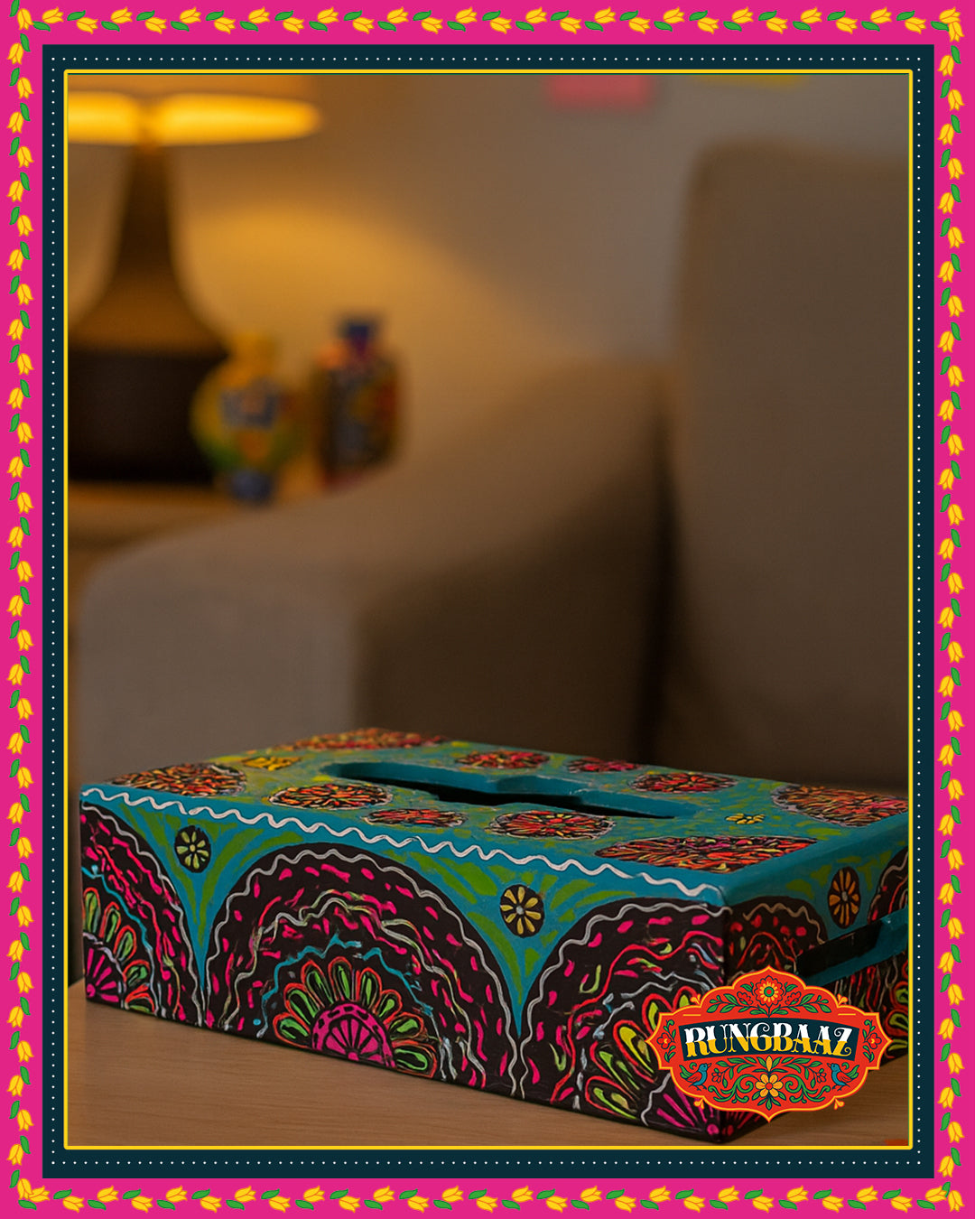 Hand-Painted Tissue Box โ Floral Mandala Design