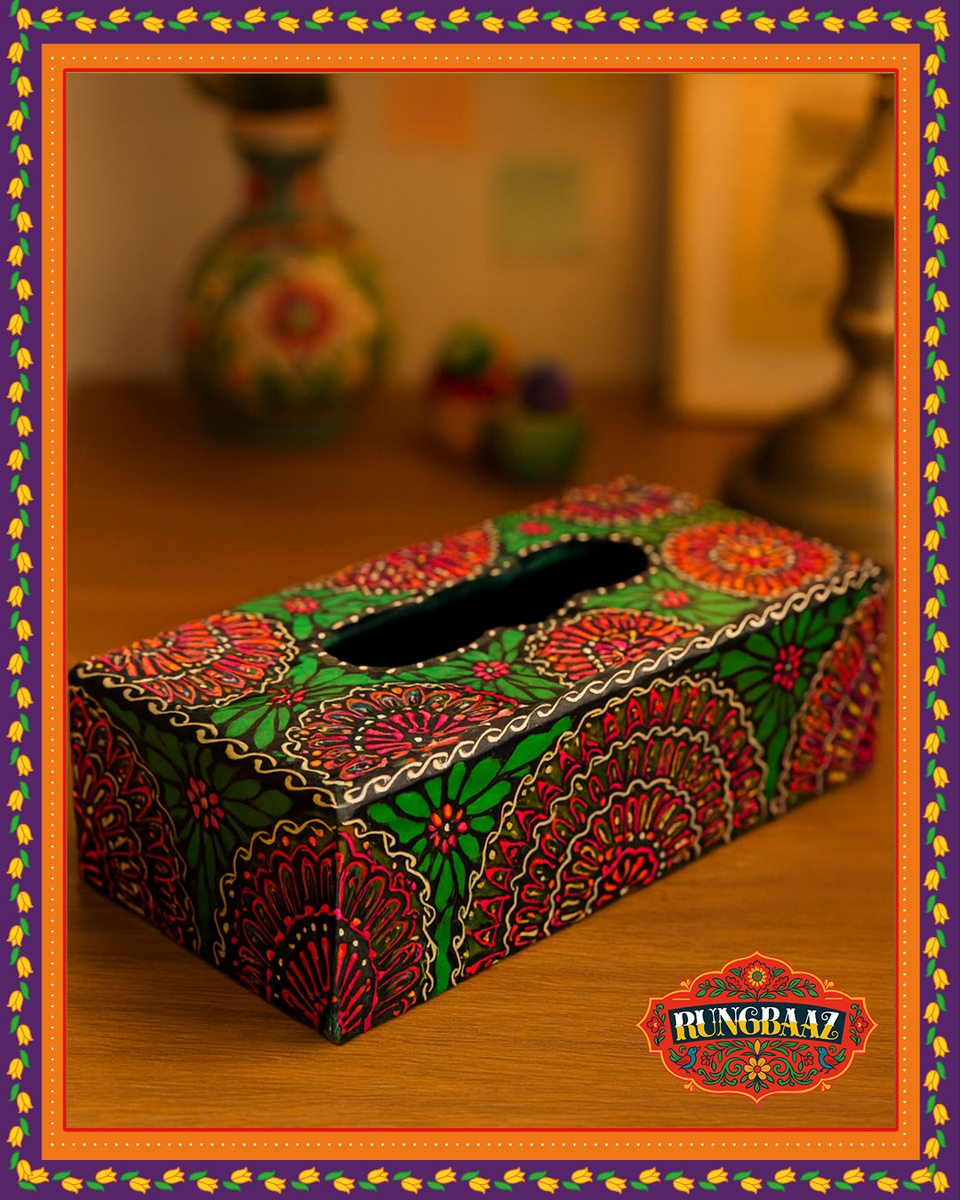 Hand-Painted Tissue Box โ Floral Mandala Design