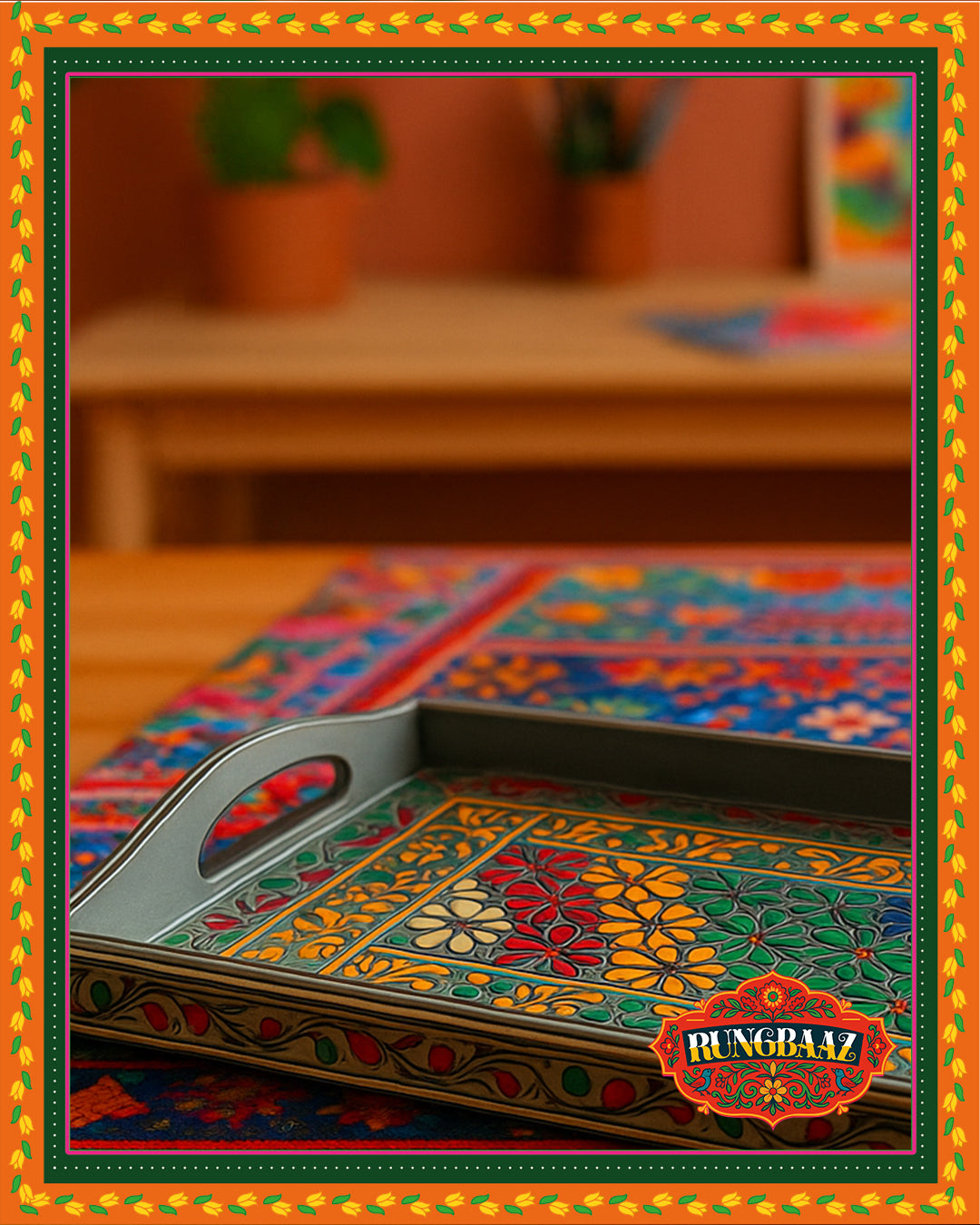 Swati Hand-Painted Rectangle Tray - Grey