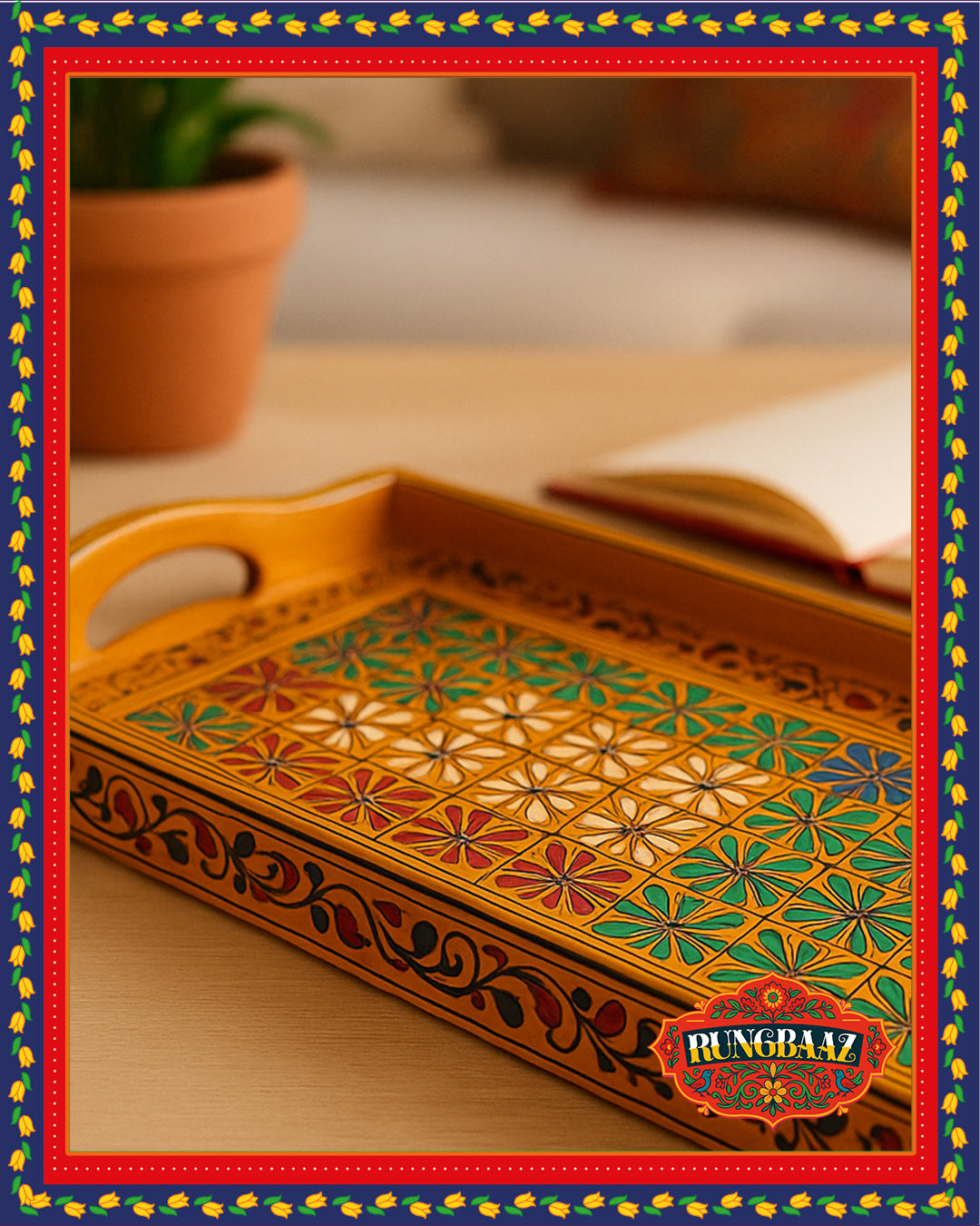 Swati Hand-Painted Tray – Mustard Bloom