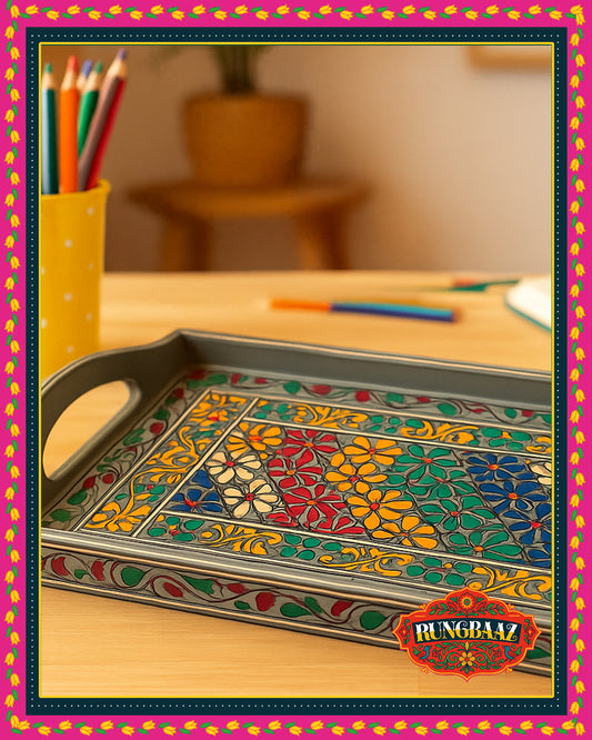 Swati Hand-Painted Rectangle Tray - Grey